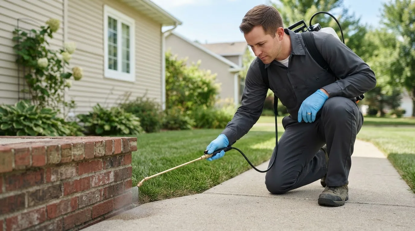 Pest control technician treating a home near North Georgetown, OH